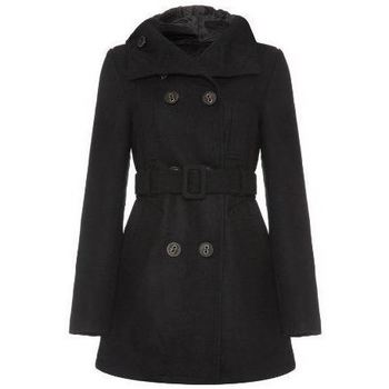 Clothing Women Parkas Jumpo - Black  Womens Wool Hooded Belted Breasted Coat Black