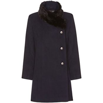 Clothing Women Coats De La Creme navy Womens Assymetrical Fur Collar Coat Blue