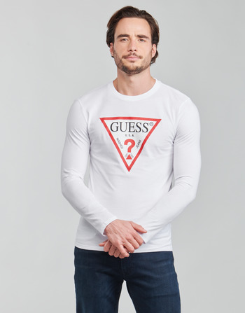 Clothing Men Long sleeved tee-shirts Guess CN LS ORIGINAL LOGO TEE White