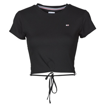 Clothing Women Tops / Blouses Tommy Jeans TJW CROP STRAP RIB FRONT KNOT SS Black