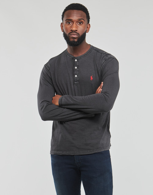 Clothing Men Long sleeved tee-shirts Polo Ralph Lauren T-SHIRT AJUSTE COL TUNISIEN EN COTON Black / Red