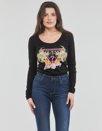 Clothing Women Long sleeved tee-shirts Guess LS SN TRIANGLE FLOWERS TEE Black