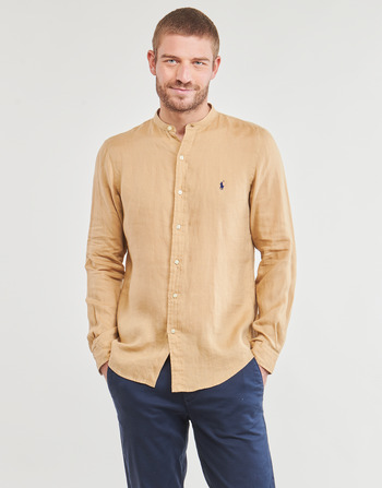 Clothing Men Long-sleeved shirts Polo Ralph Lauren CHEMISE AJUSTEE SLIM FIT EN LIN COL MAO Camel