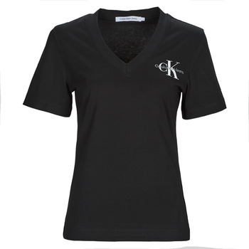 Clothing Women Short-sleeved t-shirts Calvin Klein Jeans MONOLOGO SLIM V-NECK TEE Black