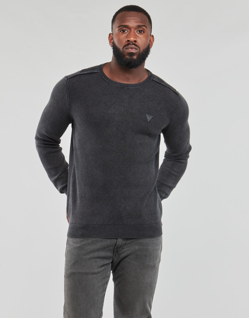 Clothing Men Jumpers Guess YANN LS CN WASHED STITCHED SWTR Black / Grey