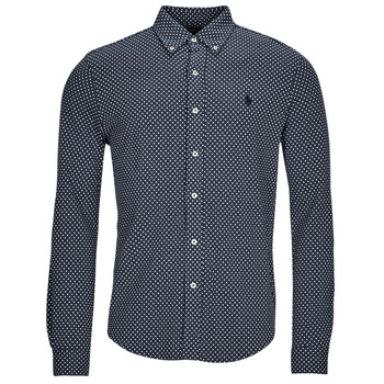 Clothing Men Long-sleeved shirts Polo Ralph Lauren CHEMISE AJUSTEE COL BOUTONNE EN POLO FEATHERWEIGHT Marine / White / Preppy / Dot / Navy