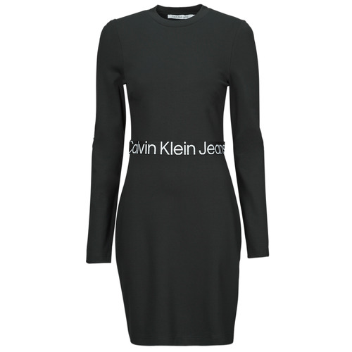 Clothing Women Short Dresses Calvin Klein Jeans LOGO ELASTIC MILANO LS DRESS Black