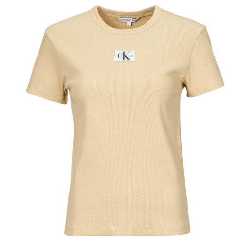 Clothing Women Short-sleeved t-shirts Calvin Klein Jeans WOVEN LABEL RIB REGULAR TEE Beige