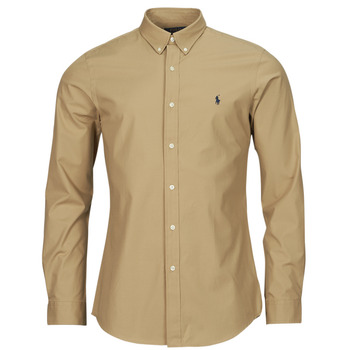 Clothing Men Long-sleeved shirts Polo Ralph Lauren CHEMISE AJUSTEE SLIM FIT EN POPELINE UNIE Beige / Surrey / Tan