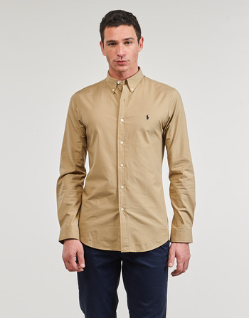 Clothing Men Long-sleeved shirts Polo Ralph Lauren CHEMISE AJUSTEE SLIM FIT EN POPELINE UNIE Beige / Surrey / Tan