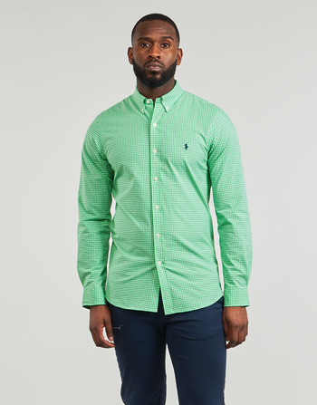 Clothing Men Long-sleeved shirts Polo Ralph Lauren CHEMISE AJUSTEE SLIM FIT EN POPELINE RAYE Green / White / Emerald