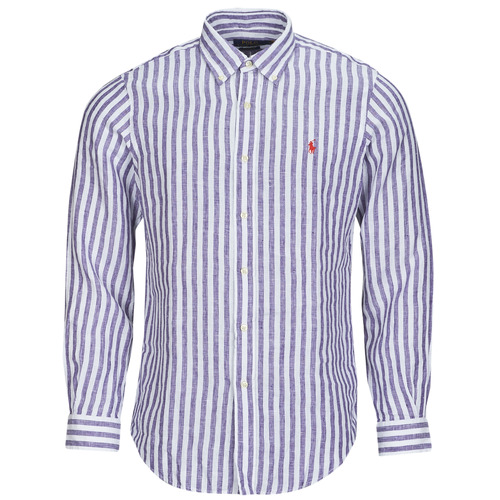 Clothing Men Long-sleeved shirts Polo Ralph Lauren CHEMISE COUPE DROITE EN LIN Marine / White