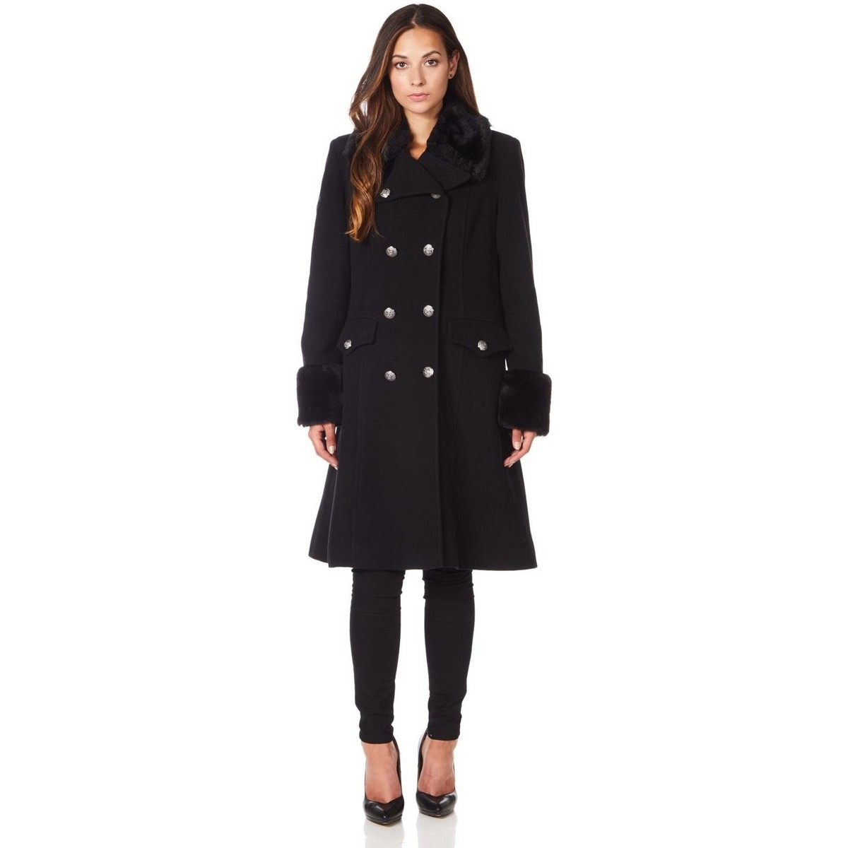 Clothing Women Coats De La Creme Military Cashmere Wool Winter Coat Fur Collar Black