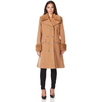 Clothing Women Trench coats De La Creme Military Cashmere Wool Winter Coat Fur Collar BEIGE